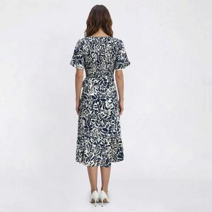 Womens Luxology Short Sleeve V Neck Leaf Smocked Midi Dress alternate view